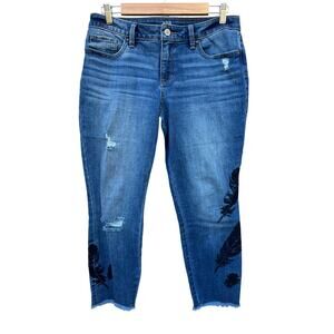 a.n.a Black Floral Embroidered Denim Skinny Ankle Jeans Raw Hem Size 10